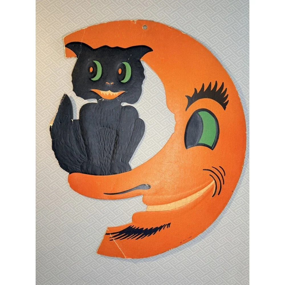 Vintage 1940s H.E. Luhrs Halloween Black Cat on Crescent Moon Wall Decor Die Cut